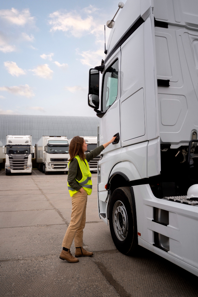 Full shot woman fixing truck Full shot woman fixing truck